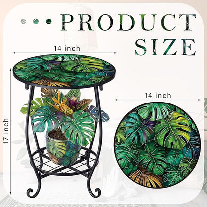 Cinnvoice Outdoor Side Table Round Small Mosaic Patio Accent Indoor End Plant - Image 3