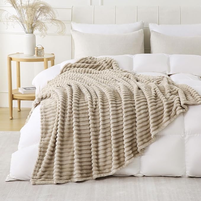 Khaki Throw Blanket for Couch Sofa 50x70 inches Striped Design | Fleece - Image 3