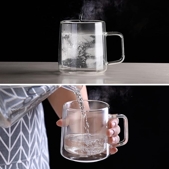 CNGLASS 15.2oz Glass Coffee Mugs,Double Wall Insulated Glass Mugs with Handle,Clear Espresso Mugs for Latte,Cappuccino,Tea Bag,Set of 2