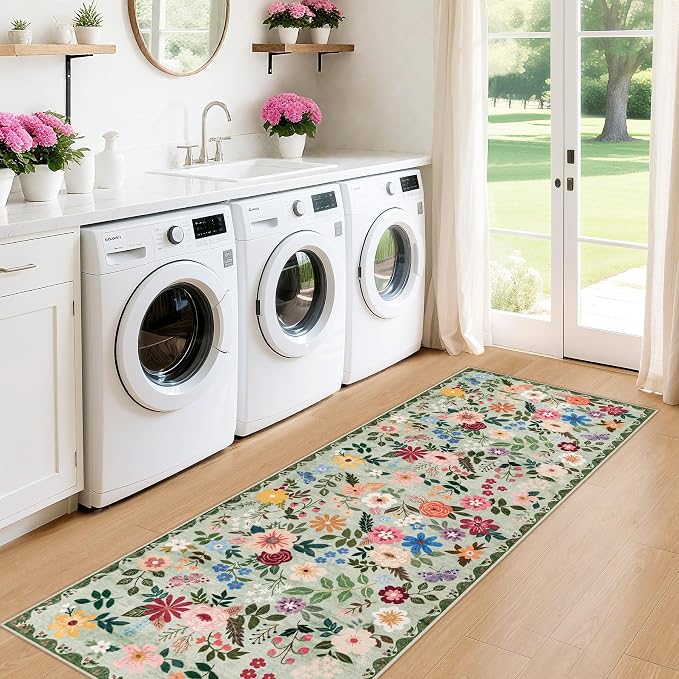 PLHXFR 2x6 Washable Runner Rug：Floral Indoor Kitchen Soft Carpet Green | - Image 4