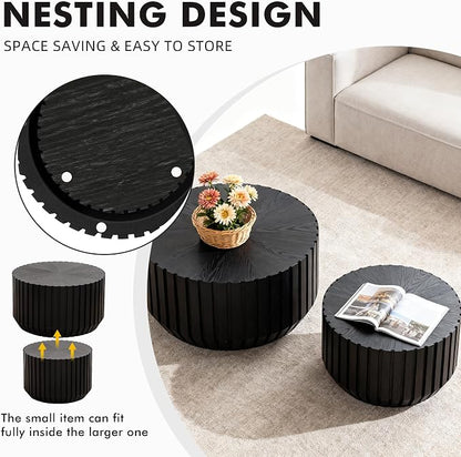 Black Round Nesting Tables for Living Room, Nesting Coffee Table Wooden Fluted - Image 6