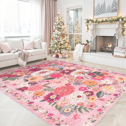 Pink Floral Area Rug 5x7 for Living Room Bedroom | Ultra-Thin; Non Slip; Stain - Image 6
