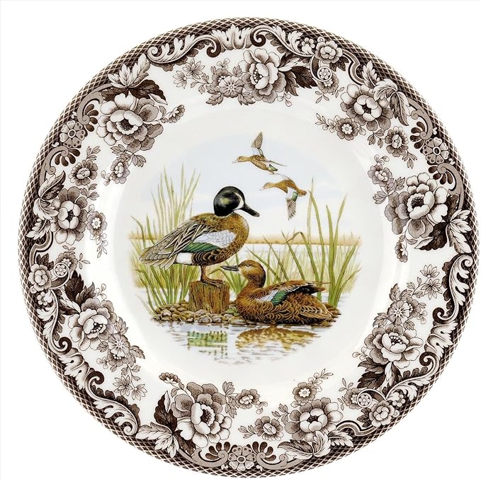 Spode Woodland Blue-Winged Teal Dinner Plate - 10.5 Inch Fine Earthenware - 1831 British Flowers Border, Dishwasher, Microwave, Freezer & Warm Oven Safe - Wildlife Thanksgiving Plate, Made in England