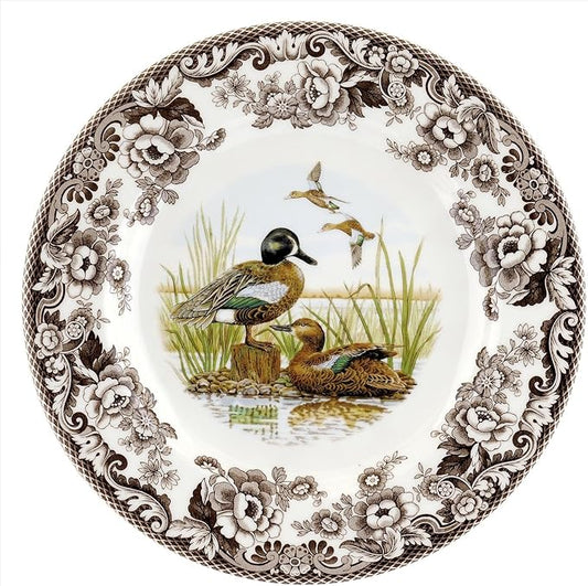 Spode Woodland Blue-Winged Teal Dinner Plate - 10.5 Inch Fine Earthenware - 1831 British Flowers Border, Dishwasher, Microwave, Freezer & Warm Oven Safe - Wildlife Thanksgiving Plate, Made in England