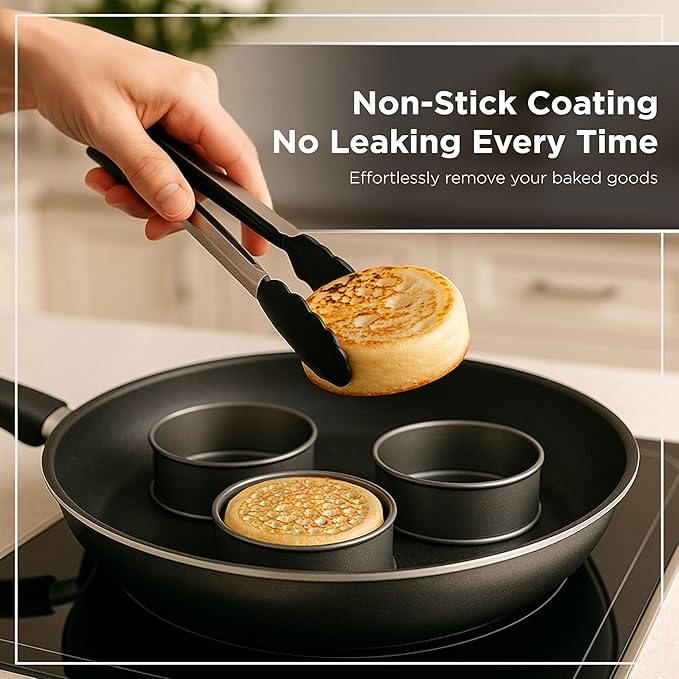 Wrenbury Crumpet Rings Nonstick 3.5 inch - English Muffin Rings - Set of 4 Food Ring Molds for Cooking – Metal Baking Egg Ring Set - Made in England
