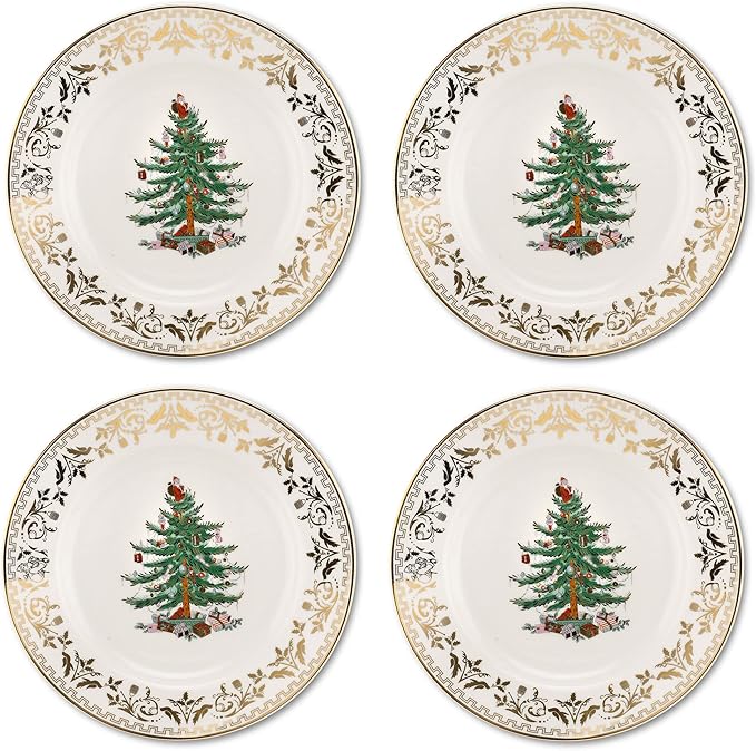 Spode Christmas Tree Gold Salad Plate (Set of 4) – 8-Inch Porcelain Dinner & Appetizer, Christmas Dinnerware & Holiday Tableware, Microwave & Dishwasher Safe, Festive Seasonal Dining Plate
