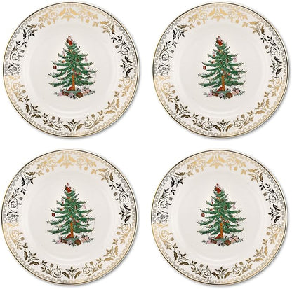 Spode Christmas Tree Gold Salad Plate (Set of 4) – 8-Inch Porcelain Dinner & Appetizer, Christmas Dinnerware & Holiday Tableware, Microwave & Dishwasher Safe, Festive Seasonal Dining Plate