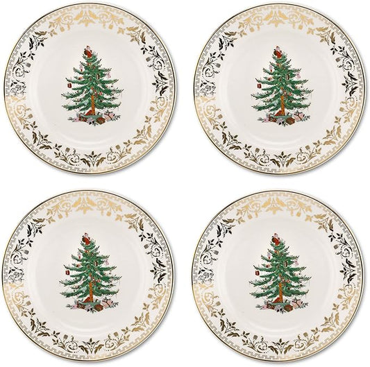 Spode Christmas Tree Gold Salad Plate (Set of 4) – 8-Inch Porcelain Dinner & Appetizer, Christmas Dinnerware & Holiday Tableware, Microwave & Dishwasher Safe, Festive Seasonal Dining Plate