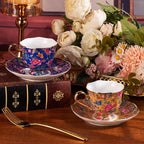 KAMMAK Tea Cups and Saucers Set of 2, Porcelain Coffee Cups with Saucer for Espresso, Cappuccino, 6.3oz Vintage Gold and Blue Ceramic Demitasse Mug for Home, Tea Party, Office