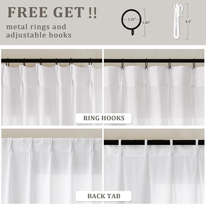 Ivory Pinch Pleated Linen Curtains 96 Inches Long Light Filtering | Semi Sheer， - Image 4