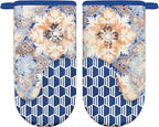Thumb Oven Mitts, Heat and Slip Resistant Silicone Kitchen Mittens 2-Pack Set, Vintage Carpet Flower Soft Long Oven Gloves, Flexible Potholders for Safe Baking Cooking & Grilling (Dusty Blue)