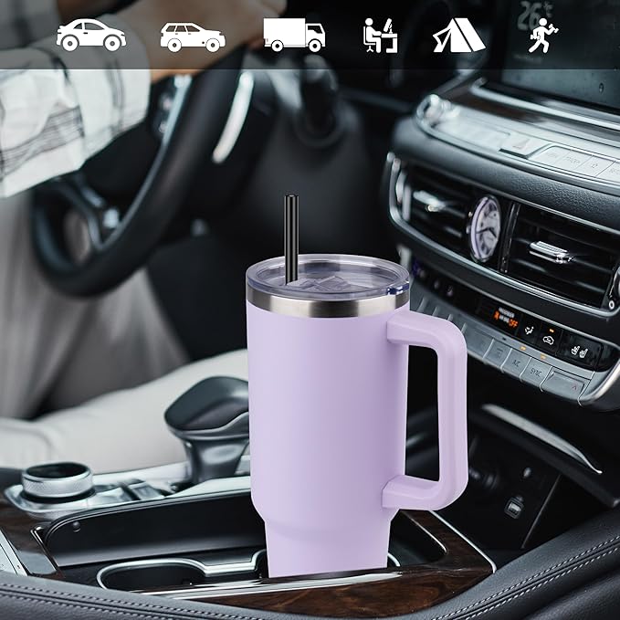 DOMICARE 40 oz Tumbler with Handle and Straw, Stainless Steel Tumbler with Lid and Straw, Reusable Vacuum Insulated Cup, Travel Coffee Mug, Lavender, 1Pack