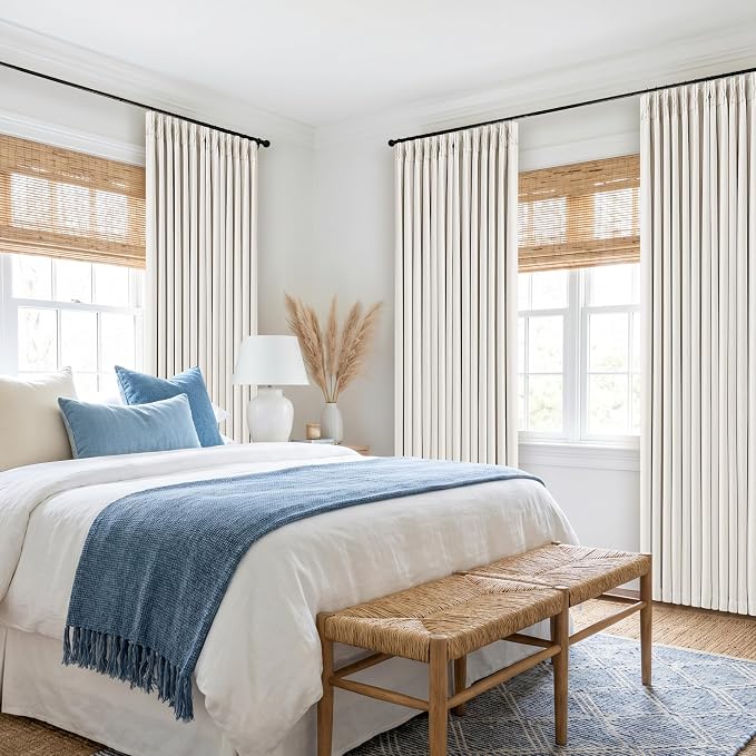 Pinch Pleated Blackout 102 Inch Bedroom Curtains Ivory Linen Dual Layer | - Image 9