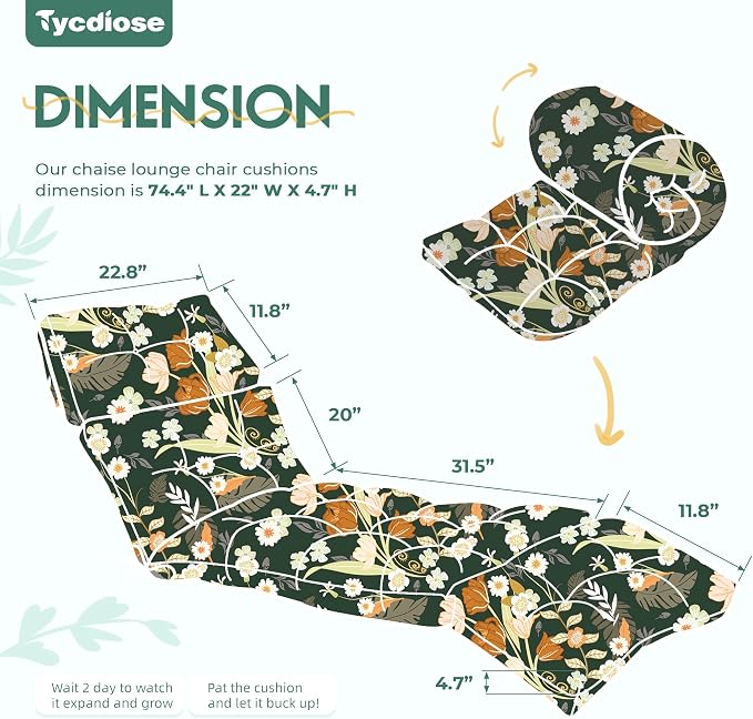 Outdoor Chaise Lounge Chair Cushion Waterproof 74.4 x 22 x 4.7 Inches Memory - Image 2