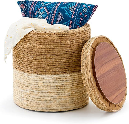 Wimarsbon Round Pouf Ottomans, Handwoven Natural Water Hyacinth Seagrass Pouffe by Wimarsbon