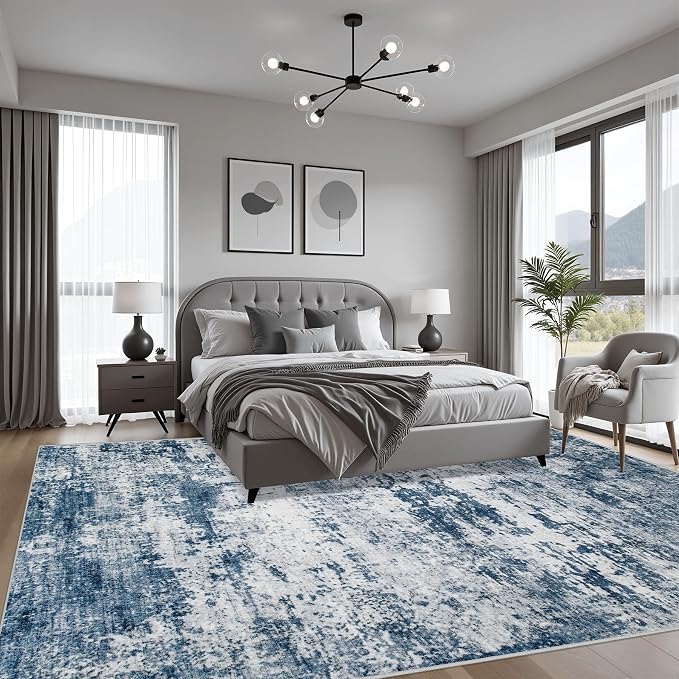Area Rug Living Room: 4x6 Modern Washable Indoor Soft Carpet Blue | - Image 3