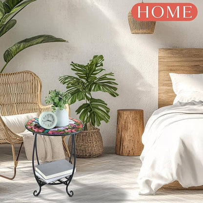 Cinnvoice Outdoor Side Table Round Small Mosaic Patio Accent Indoor End Plant - Image 5