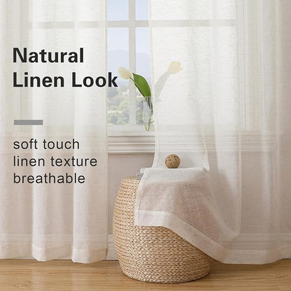Simplebrand Natural Linen Textured Sheer Curtains 63 Inch Length 2 Panels - Image 3