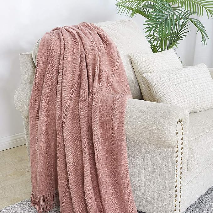 BOURINA Coral Pink Throw Blanket 50x60 Inches Throw Textured Solid Soft Sofa - Image 2