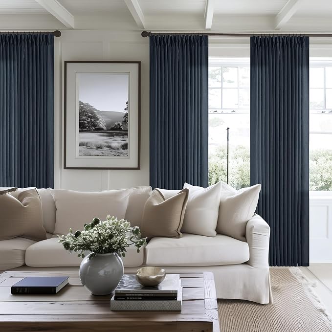Pinch Pleated Navy Linen Curtains 84 Inches Long 2 Panels Set | Pinch Pleat - Image 7