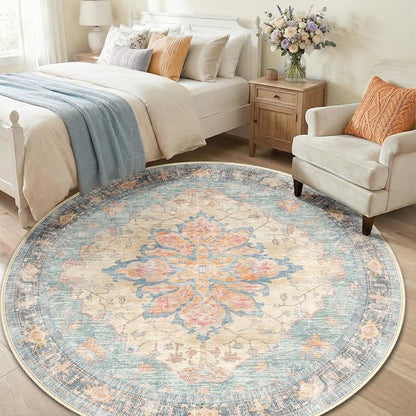 RELEANY Washable Area Rug, Round 6ft, Water Repellent, Pet Friendly, Vintage - Image 3