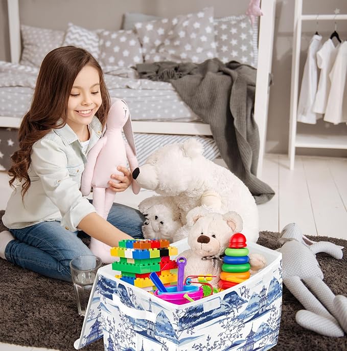 susiyo Ink Chinoiserie Pagodas Storage Bin Large Collapsible Storage Box Stackable design Fabric Storage Bins with Lids Decorative Multi-Color Foldable Organizing Baskets For Closet