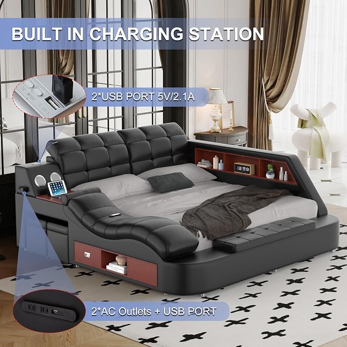 Multifunction Smart King Bed Frame, Luxury Upholstered Platform - Image 7