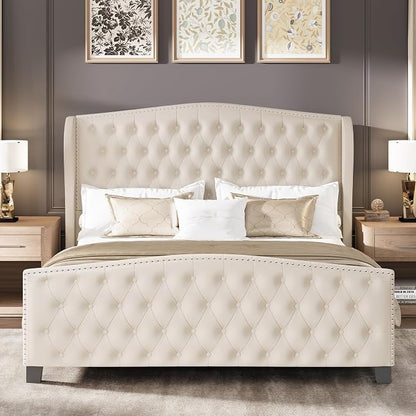 LARMACE King Size Bed Frame Velvet Upholstered Platform Bed - Image 7
