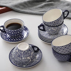 Selamica Ceramic 8 oz Cappuccino Cup Set with Saucers, Espresso Coffee Cups, Latte Macchiato for Party Cafe Home, Set of 6, Vintage Blue
