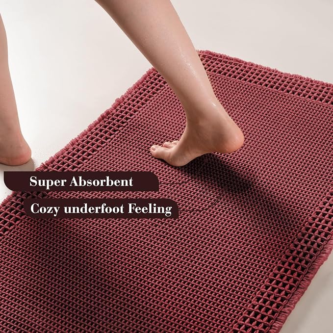 RESARE Waffle Bath Mat for Bathroom Non Slip Bathroom Rugs 18"x30" Dark Red | - Image 3