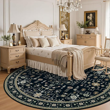 Round Area Rug for Living Room: 8ft Washable Rug for Bedroom Black | Vintage - Image 4