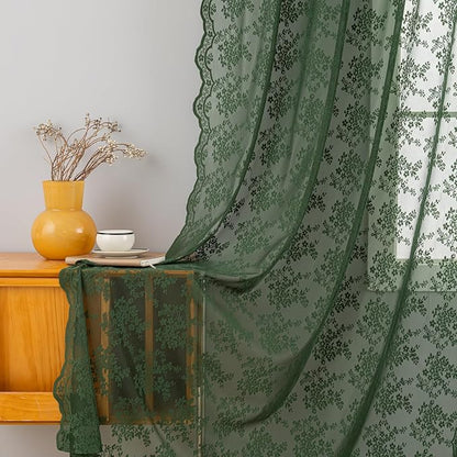 YJ YANJUN Vintage Lace Curtains 84 Inches Long- Country Olive Green Boho Sheer by YJYANJUN