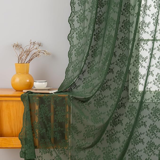YJ YANJUN Vintage Lace Curtains-Victorian Floral Dark Green Boho 102 inch Long - Image 2
