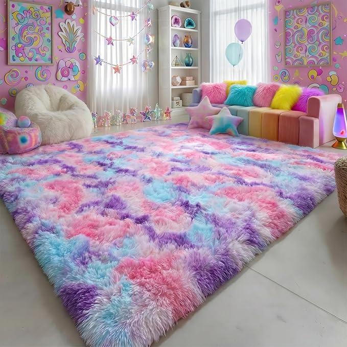Amdrebio Pink Blue Purple Shaggy Kids Rug 5x8 - Image 3