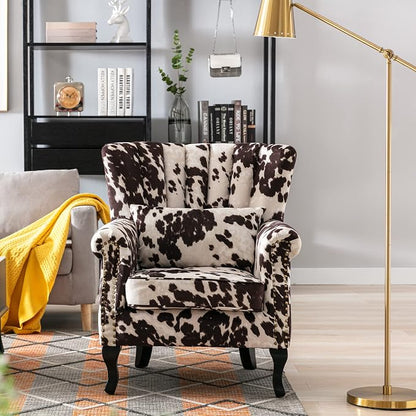 Cow Print Accent Chair Modern Velvet Armchair Tufted Wingback Club Chair Single - Image 2
