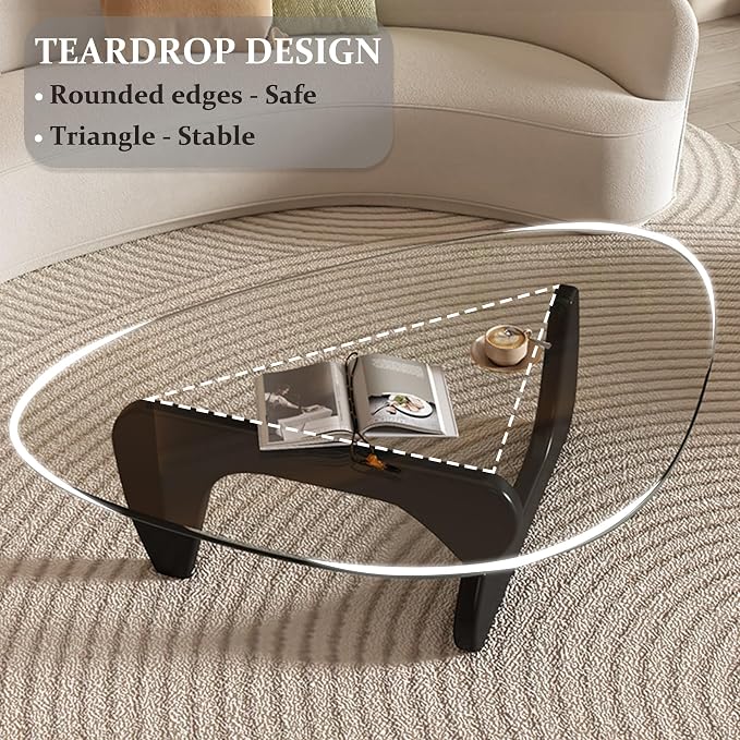 Mid-Century Modern Coffee Table, Tempered Glass Top & Natural Wood Base - Image 5