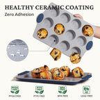 BRONYPRO Ceramic Muffin Pan,12-Cup Nonstick Aluminized Steel Cupcake Pans, Healthy Non-Toxic Ceramic Coating Muffin Tin, 1 Pack Cup Cake Pans for Baking Blue