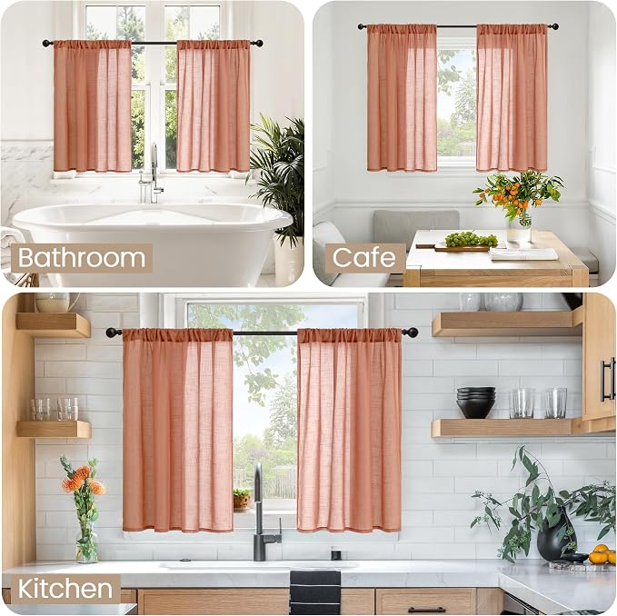 BGment Terracotta Linen Kitchen Curtains 36 Inch Length, Small Semi Sheer - Image 2
