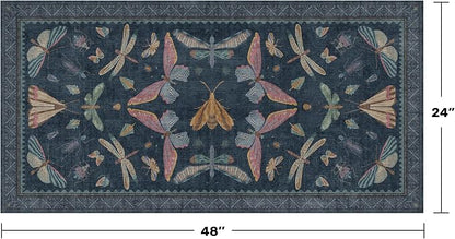 Dark Blue 2x4 Non Slip Bathroom Rug, Washable Vintage Boho Insect Carpet - Image 2