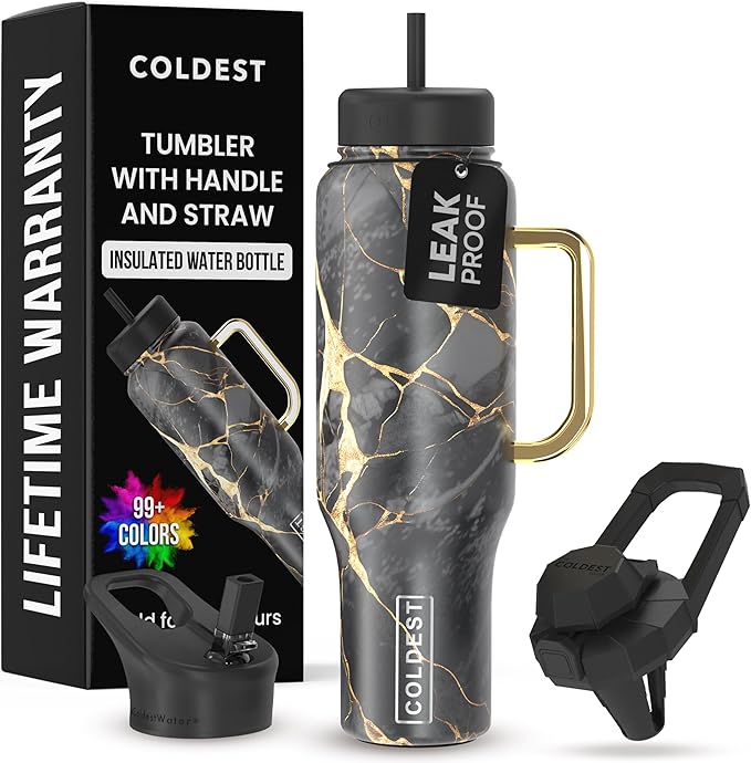 Coldest 40 oz Tumbler with Handle and Straw - 100% Leak Proof Insulated Tumbler with Lid and Straw (3 Lids) - Stainless Steel Tumblers for Women & Men - Cup Holder Friendly Base, 46 oz (Black Luna)