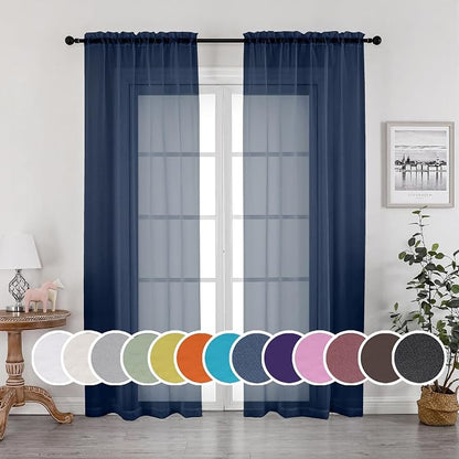 Navy Blue Sheer Curtains 90 Inches Long, Solid Light Filtering Sheer Curtains by OWENIE