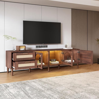 Merax Rattan TV Stand with LED Lights, Solid Wood Feet, Living Room, Bedroom - Image 4
