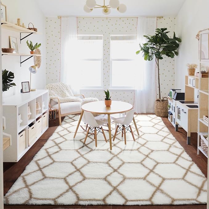 5x7 Area Rugs for Living Room Bedroom, Fluffy White and Beige Geometric Rug | - Image 8