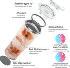THILY Stainless Steel Vacuum Insulated Tumbler 26 oz Travel Mug Wide Mouth Coffee Cup with 2 Lids and Straws, Splash Proof, BPA Free, Keep Iced Drinks Cold, Golden Bloom Whispers