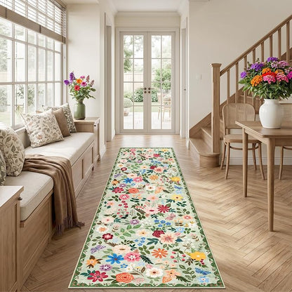 PLHXFR 2.6x10 Washable Runner Rug：Floral Indoor Kitchen Soft Carpet Green | - Image 3