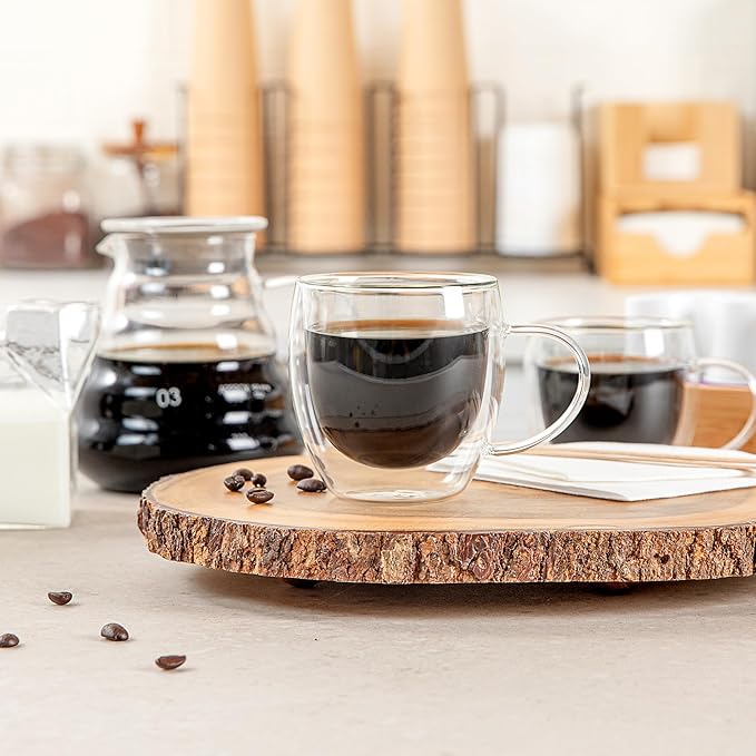 Restaurantware-Forma Professional 8.5 Ounce Glass Coffee Cups, 12 Insulated Coffee Cups With Handle - Dishwashable, Reusable, Clear Double Wall Beverage Tumblers, Freezable, For Hot Or Cold Beverages