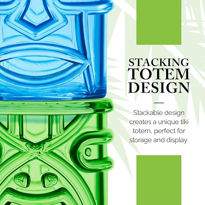 Final Touch Tiki Glasses Set of 4 - Kanaloa, Lono, Kū, Kāne Designs, 12 oz (355 ml), Multicolored, Stackable Totem Pole Storage, Durable Glassware for Tropical Cocktails (TK5302)