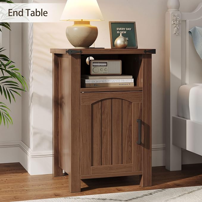 Farmhouse Nightstand with Charging Station, Rustic Bedside Table with Large - Image 2