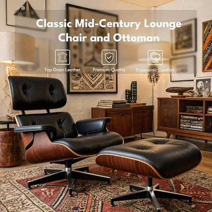 Top Black Grain Leather, Mid Century Chaise Lounge Chair and Ottoman, Accent - Image 4