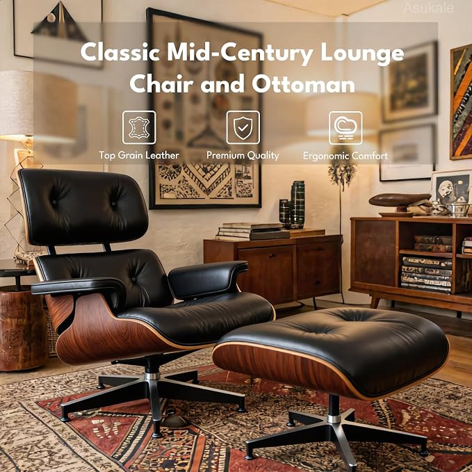 Top Black Grain Leather, Mid Century Chaise Lounge Chair and Ottoman, Accent - Image 4
